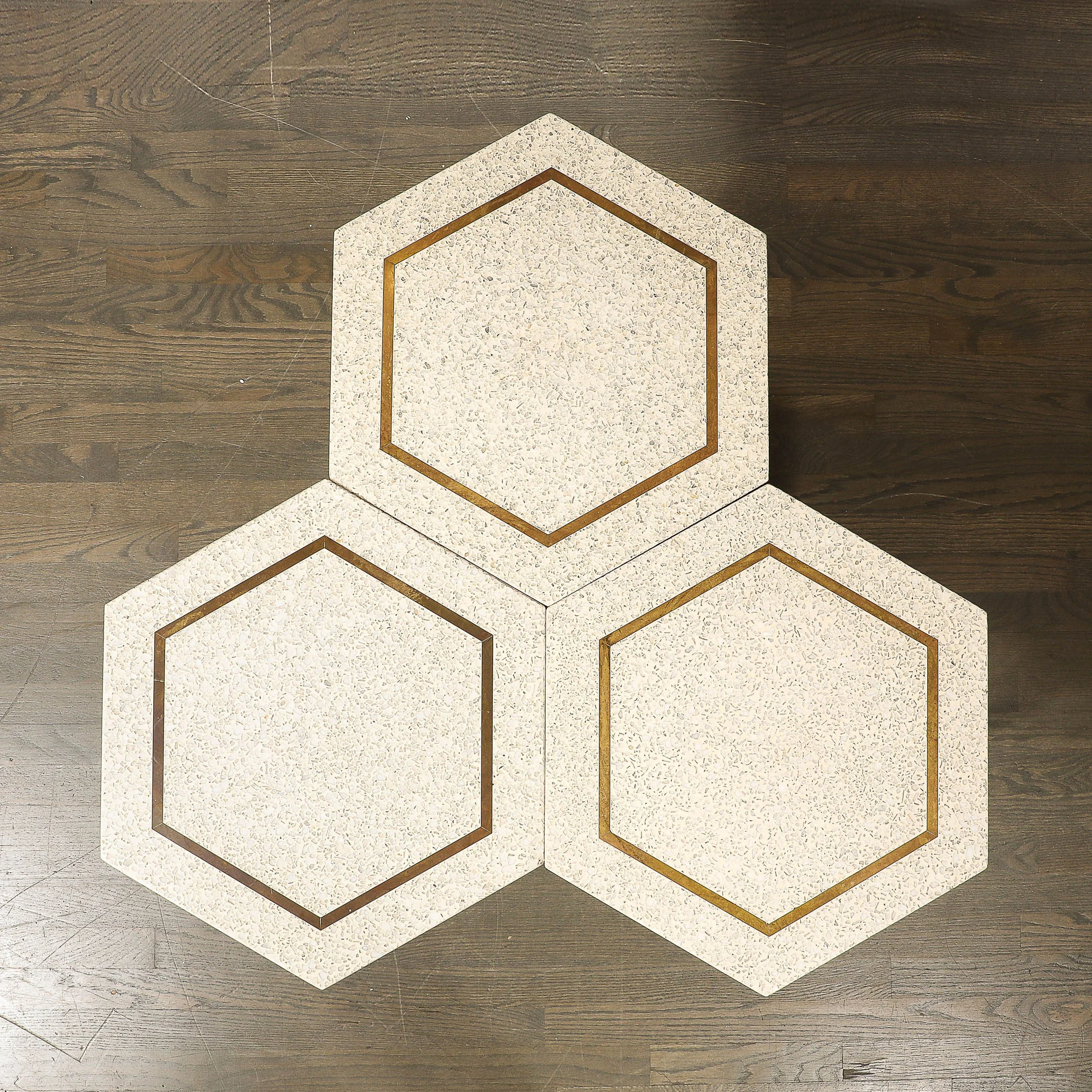 Set of 3 Mid-Century Modernist Hexagonal Terrazzo Side